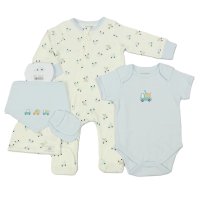 J13910: Baby Blue Transport Waffle Fabric 5 Piece Net Bag Gift Set (0-9 Months)